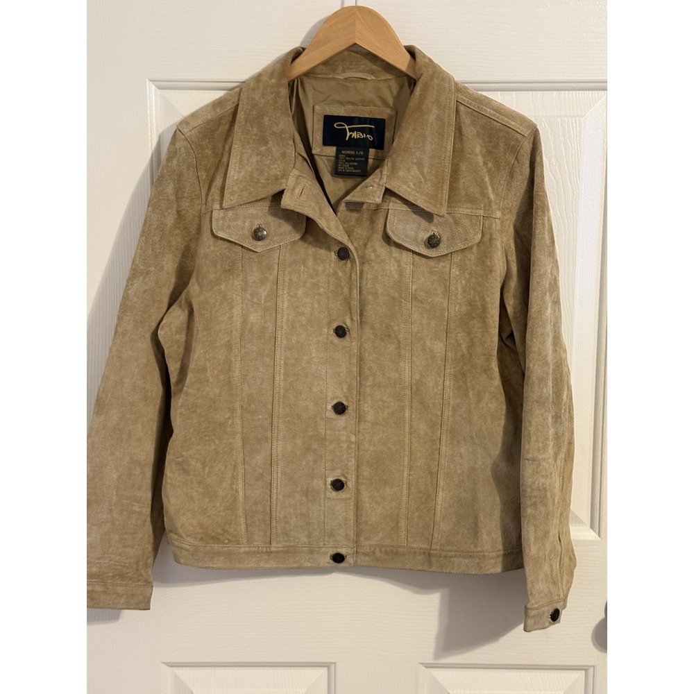 Fabio Womens Beige Genuine Leather Button Front Lined Jacket Pockets Size L